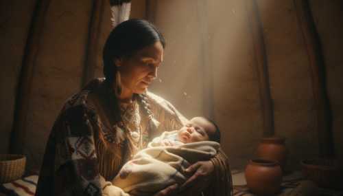 Cinematic, photorealistic scene of a serene Native American mother gently observing her sleeping baby inside a traditional, softly lit dwelling. Warm natural sunlight filters in through an opening, illuminating the baby who is sleeping peacefully with a closed mouth. Historical atmosphere, deeply respectful and tender, hyper-detailed textures on the traditional garments, 8k resolution.
