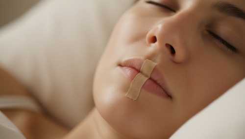 Aesthetic, clean macro photography of a peaceful sleeping person's lower face, showing a small piece of medical micropore tape placed vertically over the center of their lips. Soft morning light, healthy hydrated skin. Minimalist composition, clinical yet very calming and approachable, illustrating how discreet and simple mouth taping is. 8k resolution.