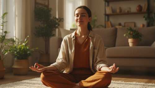 Retrato fotorrealista de una persona joven meditando en un salón acogedor iluminado por luz natural de la mañana. Su expresión facial transmite una profunda paz interior, gratitud y alivio, como si ya hubiera conseguido su mayor sueño, colores cálidos, enfoque nítido.