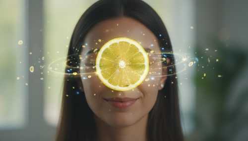 Fotografía realista y artística de una persona con los ojos cerrados y expresión de sorpresa agradable. Frente a ella, flota la proyección translúcida y brillante de un limón jugoso, ilustrando visualmente cómo el cerebro reacciona a imágenes mentales intensas. Luz suave y natural.