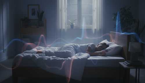 Escena fotorrealista y cinemática de una persona durmiendo plácidamente en una cama confortable. Una suave y etérea luz de luna entra por la ventana, complementada por un delicado resplandor ambiental que simboliza las ondas cerebrales Theta y el trabajo del subconsciente nocturno.