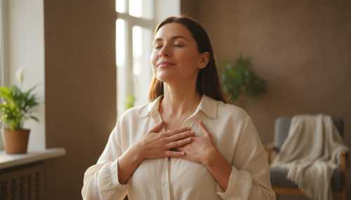 A tranquil woman gently placing her hands over her chest and heart, taking a deep breath with closed eyes. Soft, warm natural lighting conveys a transition into a calm, parasympathetic state. Her facial muscles are visibly relaxed, skin glowing with vitality. Highly detailed, photorealistic, wellness photography.