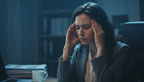 Conceptual portrait of a visibly exhausted woman rubbing her temples in a dimly lit office. Cold bluish lighting and subtle shadows emphasize tension in her jaw and forehead. Her skin looks dull, reflecting the physical toll of chronic stress and a nervous system in overdrive. Hyper-realistic, dramatic lighting, 85mm lens.