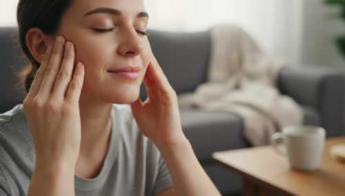 Close-up of a person's hands gently massaging their temporomandibular joint (jawline just in front of the ears) with their fingertips. Eyes closed in absolute relief, soft lighting, cozy home atmosphere. The image captures the exact moment of physical tension release. Hyper-realistic, intimate, soft focus.