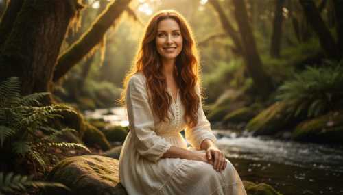 A beautiful, peaceful woman sitting in a sunlit natural environment, looking towards the camera with a genuine, magnetic smile. Her facial features are incredibly soft and relaxed, eyes bright and receptive, conveying absolute safety and somatic healing. Cinematic, photorealistic, deeply authentic.