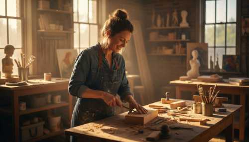 Fotografía editorial fotorrealista de una persona trabajando apasionadamente en un taller de arte o carpintería artesanal. El espacio está bañado por una cálida luz solar natural de la tarde. La persona tiene una expresión de profunda satisfacción, fluidez y energía inagotable mientras realiza una actividad que ama. Colores vivos y texturas detalladas.
