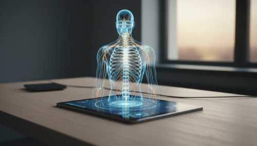 Fotografía fotorrealista y moderna de un holograma anatómico sutil del sistema nervioso humano superpuesto sobre una interfaz digital en una tableta. La tableta está sobre un escritorio de madera minimalista. Iluminación suave azul y dorada, estética de neurociencia avanzada y alta tecnología accesible. Resolución 8k, enfoque superficial.