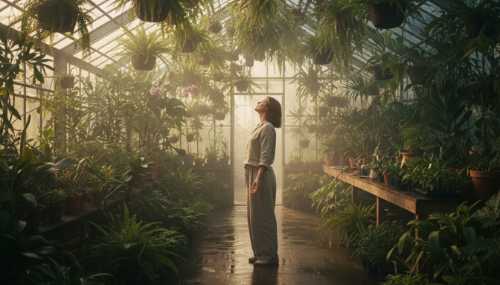 Fotografía fotorrealista de una persona de pie, tranquila y respirando hondo dentro de un hermoso y amplio invernadero de cristal lleno de plantas exuberantes. El entorno refleja paz y armonía absolutas, y la persona parece absorber esa misma tranquilidad de su entorno. Luz de la mañana filtrándose por las hojas, atmósfera sanadora y serena, 8k.