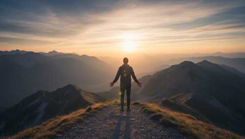Fotografía fotorrealista de una persona vista desde atrás, parada frente a un espectacular amanecer en la montaña. Tiene los hombros relajados y los brazos sueltos, denotando un inmenso alivio y paz mental. El cielo muestra tonos dorados y rosados vibrantes. Transmite la sensación de dejar de luchar y estar en perfecta alineación con la naturaleza, estilo National Geographic, 8k.