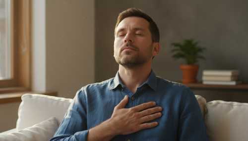 A serene, photorealistic portrait of a man sitting comfortably on a sofa with his eyes closed, taking a deep breath. One hand rests gently on his chest. Soft morning sunlight filters through a nearby window, casting a warm, calming glow on his face, perfectly capturing the somatic experience of inner peace and neuroplasticity. 8k, highly detailed.