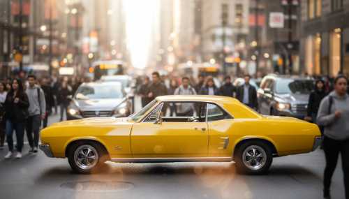 Photorealistic image of a bustling city street viewed from eye level with a shallow depth of field. In sharp focus is a striking, bright yellow vintage car, while the crowds of people and other grey vehicles in the background are beautifully blurred (bokeh). This visually represents the Reticular Activating System filtering out irrelevant information to highlight a specific target. Vibrant colors, daylight.