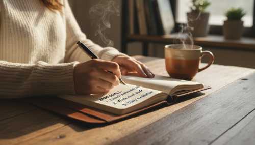 A close-up, photorealistic image of a person sitting at a cozy wooden desk, writing realistic goals in a high-quality leather notebook. A steaming cup of coffee rests nearby. The lighting is natural, warm, and inviting, conveying a sense of groundedness, credibility, and mental comfort. High resolution, lifestyle photography.