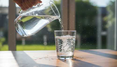 Macro, photorealistic shot of a pair of hands pouring fresh, crystal-clear water from a glass pitcher into a transparent glass. The water splashes gently, catching the bright daylight. The image feels crisp, refreshing, and highly detailed, symbolizing a tangible micro-action and the immediate release of dopamine. High-speed photography, vivid.
