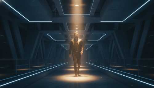 A conceptual yet highly realistic street photography shot of a confident individual walking forward in a modern, slightly shadowed architectural corridor. Subtly glowing, golden light rays illuminate the exact path they are walking on, contrasting with the shadows around them. This represents the brain actively finding and illuminating opportunities in the environment. Cinematic lighting, highly inspiring.