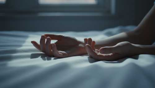 A close-up shot of a person's hands resting open and deeply relaxed on soft white bed sheets, fingers slightly uncurled, showing zero physical tension. Moonlight shines softly through a nearby window, creating a peaceful, safe, and serene atmosphere. 35mm lens, photorealistic.