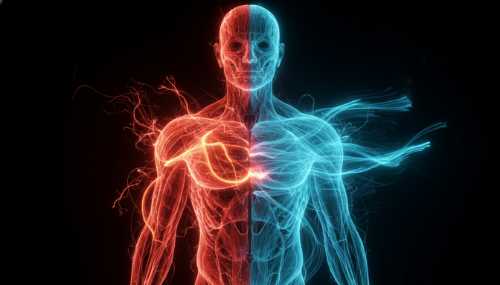 A highly detailed, visually striking representation of a glowing human body fading from red, tense energetic light (sympathetic nervous system) into a soothing, cool blue, calming light (parasympathetic nervous system). Modern scientific visualization, photorealistic, elegant glowing fiber optic style against a dark background.