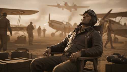 Cinematic shot of a 1940s WWII fighter pilot resting peacefully in a wooden chair at a noisy, dusty airfield. His eyes are closed and his posture is completely relaxed despite the chaotic military environment around him. Vintage aesthetic, sepia and warm tones, highly detailed, photorealistic.