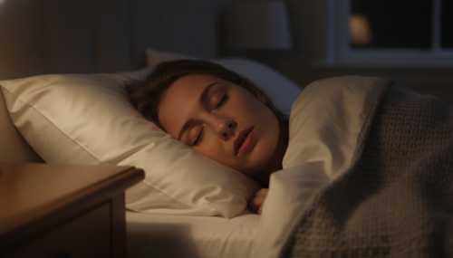 A macro, cinematic shot of a person lying flat on a comfortable bed in a dark room. The focus is on their deeply relaxed face—forehead completely smooth, jaw slightly open, lips softly parted. Soft, warm nightstand light illuminates their features, conveying absolute tranquility and release of tension, ultra-detailed.