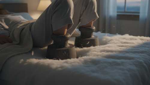 A conceptual, photorealistic image showing a person's legs visually morphing into heavy lead weights sinking softly into a plush, cloud-like mattress, illustrating the feeling of ultimate gravity and complete bodily inertia. Cozy bedroom lighting, high realism, highly creative composition.