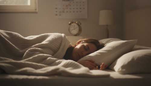 A beautifully lit, peaceful scene of a person deeply asleep under heavy blankets, with a soft-focus calendar and a vintage clock in the blurred background. The image symbolizes patience, consistent practice, and the reward of mastering healthy sleep habits over time. Warm ambient light, photorealistic.