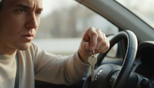 Close-up shot of a stressed person sitting in the driver's seat, holding car keys with a hesitant expression, natural daylight coming through the car window, photorealistic, shallow depth of field focusing on the face and the keys.