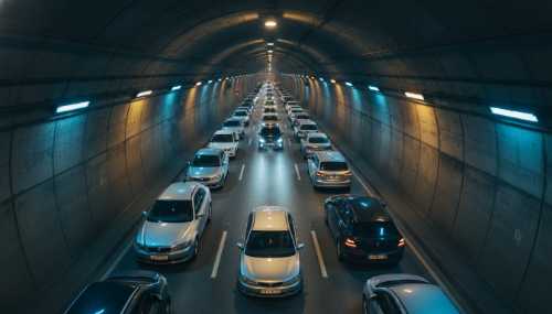 High-angle cinematic shot of a single car stuck in a long traffic jam inside a modern concrete tunnel. The atmosphere is claustrophobic, with cool blue and yellow artificial lighting emphasizing the feeling of being trapped.