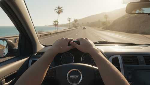 Peaceful point-of-view shot of a driver's relaxed hands resting gently on the steering wheel while driving along an open, sunlit coastal road. Bright, warm atmosphere, communicating safety and presence.