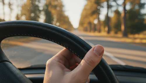Extreme close-up of a person's hand softly feeling the textured leather of a steering wheel. The background is softly blurred showing a safe, quiet roadside parking spot, emphasizing the tactile grounding sensation.