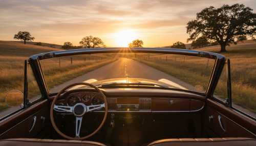 Beautiful, optimistic wide shot from behind the dashboard looking out over an empty, scenic country road at sunset. Golden hour lighting floods the car interior, expressing freedom, peace, and the joy of driving at one's own pace.