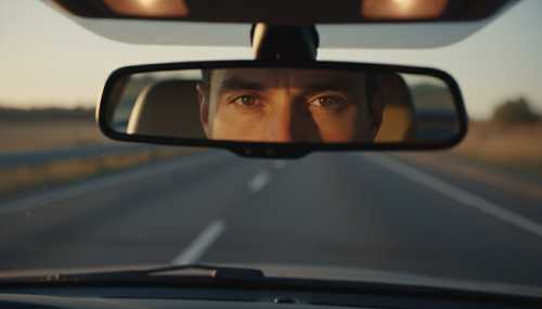 Creative photorealistic shot from the perspective of the rearview mirror. In the reflection, we see the empty back seat slightly out of focus, while the driver's eyes in the foreground look calm, focused, and in control of the road.