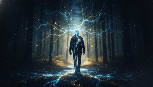 Abstract but realistic conceptual double exposure photography: the silhouette of a serene hiker walking through a forest seamlessly blending into a glowing, healthy neural network or brain synapse. Glowing blue and gold tones against a dark background, representing neurogenesis and the literal growth of brain cells during a silent walk. 8k resolution.