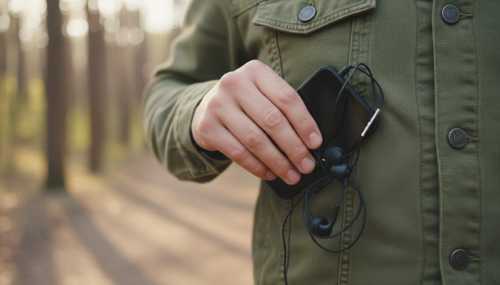 Extreme close-up, photorealistic shot of a person's hands putting away a modern smartphone and tangled earphones into a jacket pocket. The background is a soft, beautifully blurred forest trail (bokeh effect). Natural outdoor lighting, crisp details on the hands and fabric, conveying the concept of disconnecting from digital noise.