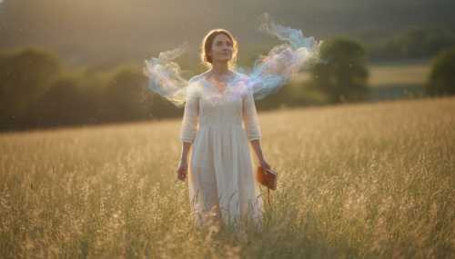 A thoughtful woman walking slowly through a sunlit, grassy meadow. She is looking slightly upward with a peaceful, subtle smile, completely immersed in her own thoughts. Ethereal, cinematic lighting, representing daydreaming and the activation of creative thinking. High resolution, photorealistic portrait.
