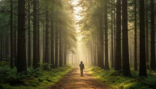 Wide architectural shot of a lush green forest path in the middle of a dense pine woods. A solitary figure is walking peacefully in the distance. Dramatic, thick beams of sunlight (god rays) pierce the dense tree canopy, illuminating the morning mist. Photorealistic, National Geographic style photography, deeply calming.