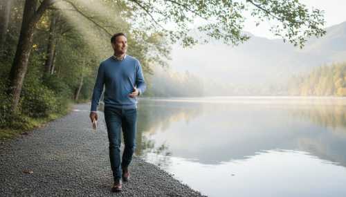 A professional-looking man in comfortable weekend clothes walking confidently on a gravel path near a calm, mirror-like lake. He looks inspired, relieved, and relaxed, as if he just solved a complex problem. Soft natural daylight, crisp reflections in the water, highly detailed facial expression showing mental clarity.