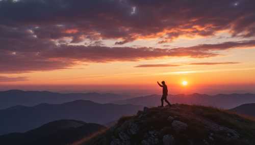 Cinematic silhouette of a person walking along the ridge of a hilltop against a stunning, vibrant sunset. The landscape is vast and open, with layers of mountains in the distance. The lighting is dramatic and luxurious, evoking a profound sense of mental clarity, ultimate freedom, and peace. 8k, photorealistic masterpiece.