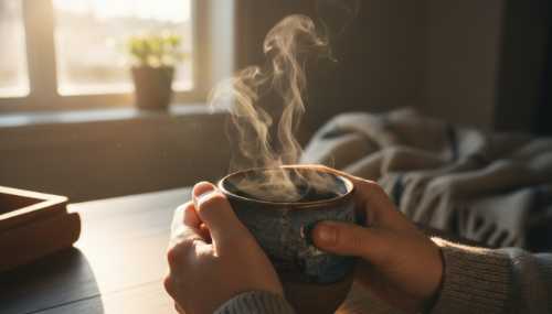 Fotografía muy detallada y fotorrealista de unas manos sosteniendo una taza de cerámica rústica con café caliente. Se aprecia el vapor elevándose suavemente iluminado por la luz matutina que entra por una ventana. Atmósfera acogedora, anclaje sensorial, iluminación cálida y textura realista.