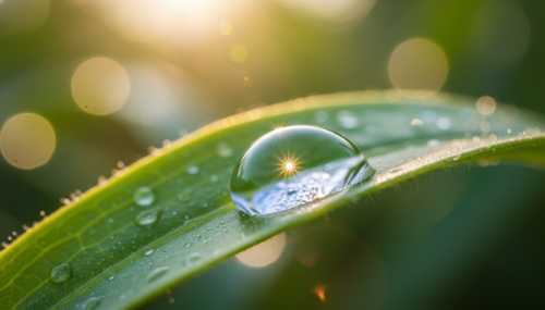 Fotografía macro de alta calidad de una gota de rocío sobre una hoja verde brillante reflejando la luz del sol, simbolizando un micro-momento de alegría pura. Imagen vibrante, luminosa y tranquilizadora, colores nítidos, 8k, hiperrealista, transmite alivio biológico y calma neurológica.