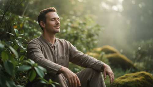 Retrato fotorrealista de un hombre relajado practicando respiración profunda sentado en la naturaleza, rodeado de vegetación exuberante y desenfocada. Su rostro transmite seguridad y conexión, representando el estado vagal ventral. Luz suave y natural, profundidad de campo, calidad fotográfica.