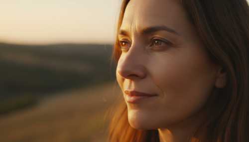 Retrato cercano y natural de una persona mirando hacia el horizonte con una expresión de serenidad madura y anclaje al momento presente. La luz dorada perfila su rostro con texturas auténticas de la piel. Transmite la construcción sólida de un estado de seguridad biológica y equilibrio emocional, realista y profundo.