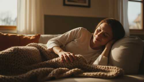Fotografía fotorrealista de una persona con una sutil sonrisa de bienestar, descansando en un sofá cómodo y acariciando suavemente una textura suave, como una manta gruesa. Luz natural de ventana, colores cálidos, hombros relajados, transmitiendo la inmersión de 30 segundos en la sensación de seguridad física.