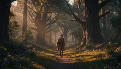 Imagen fotorrealista y cinematográfica de una persona paseando tranquilamente por un bosque sereno bañado en la luz del atardecer. Los rayos de luz se filtran suavemente entre los árboles. La escena transmite resiliencia emocional, expansión y tranquilidad profunda. Excelente composición, textura hiperrealista.