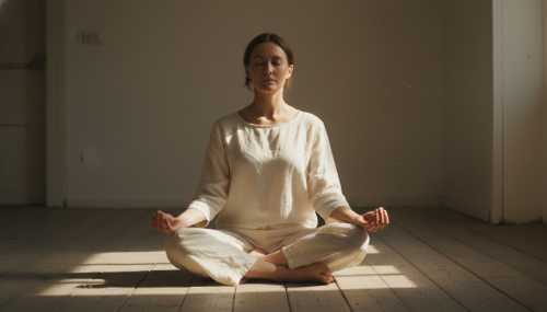 A serene woman sitting barefoot on a wooden floor, deeply grounded in a meditative posture. Her eyes are closed in a state of calm certainty and confidence, conveying physical heaviness and rooting to the earth. Sunlight beautifully illuminates her from above, contrasting with soft shadows. Photorealistic, peaceful atmosphere, conveying clarity and inner strength.