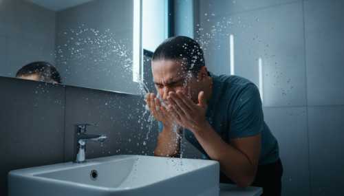 A person splashing cold water on their face in a modern, clean bathroom sink. The camera captures the water droplets suspended in mid-air and the sharp, refreshing impact of the water. The lighting is crisp and cool. The person looks focused, utilizing the mammalian dive reflex to calm their nervous system. High resolution, photorealistic, dynamic freezing of motion.
