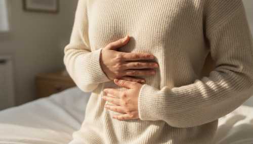 Close-up of a person's hands gently resting on their stomach and chest while wearing a cozy, soft sweater. Natural morning sunlight streams through a nearby window, illuminating the fabric. The composition focuses on the body's center, symbolizing interoception and the nervous system. Shallow depth of field, bright and clinical yet warm aesthetic, photorealistic.