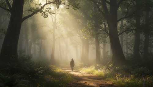A peaceful, wide landscape shot of a person walking alone along a path in a foggy forest. Warm, golden sunlight is visibly breaking through the dense mist, clearing the fog away to reveal a lush, vibrant green woods. This symbolizes the fog of anxiety dissipating to reveal clarity and intuition. Cinematic lighting, photorealistic, deeply healing and hopeful mood.