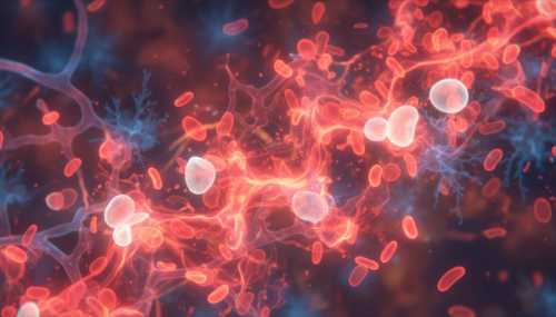 Macro photography of a microscopic view blending abstract red glowing particles representing systemic inflammation in the human bloodstream, soft glowing lights, medical science style, hyper-detailed, photorealistic, 8k resolution.