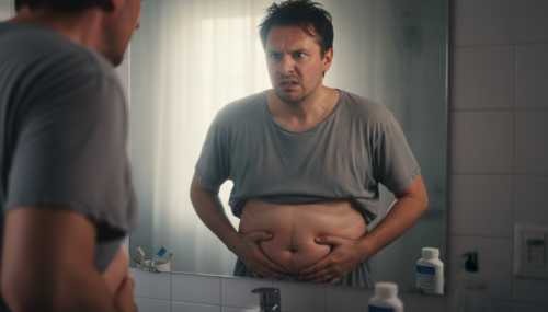 Photorealistic image of a frustrated man looking at himself in the bathroom mirror in the morning, holding his bloated stomach, soft natural light, realistic skin textures, conveying physical discomfort and abdominal inflammation.