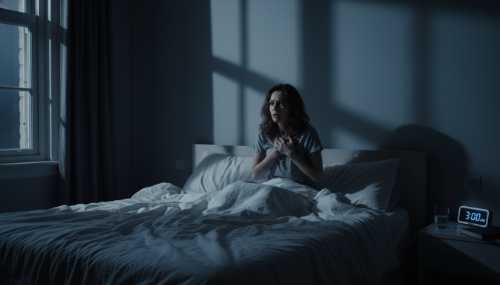 Cinematic, photorealistic image of a woman sitting up in bed at 3:00 AM, holding her chest with an anxious expression, dark bedroom illuminated by cool moonlight shining through the window, shadows conveying insomnia and racing thoughts.