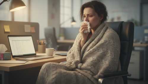 Photorealistic image of an exhausted office worker wrapped in a warm blanket at her desk, blowing her nose with a tissue, looking weak and sick, blurred office background, soft lighting, highly detailed photography.